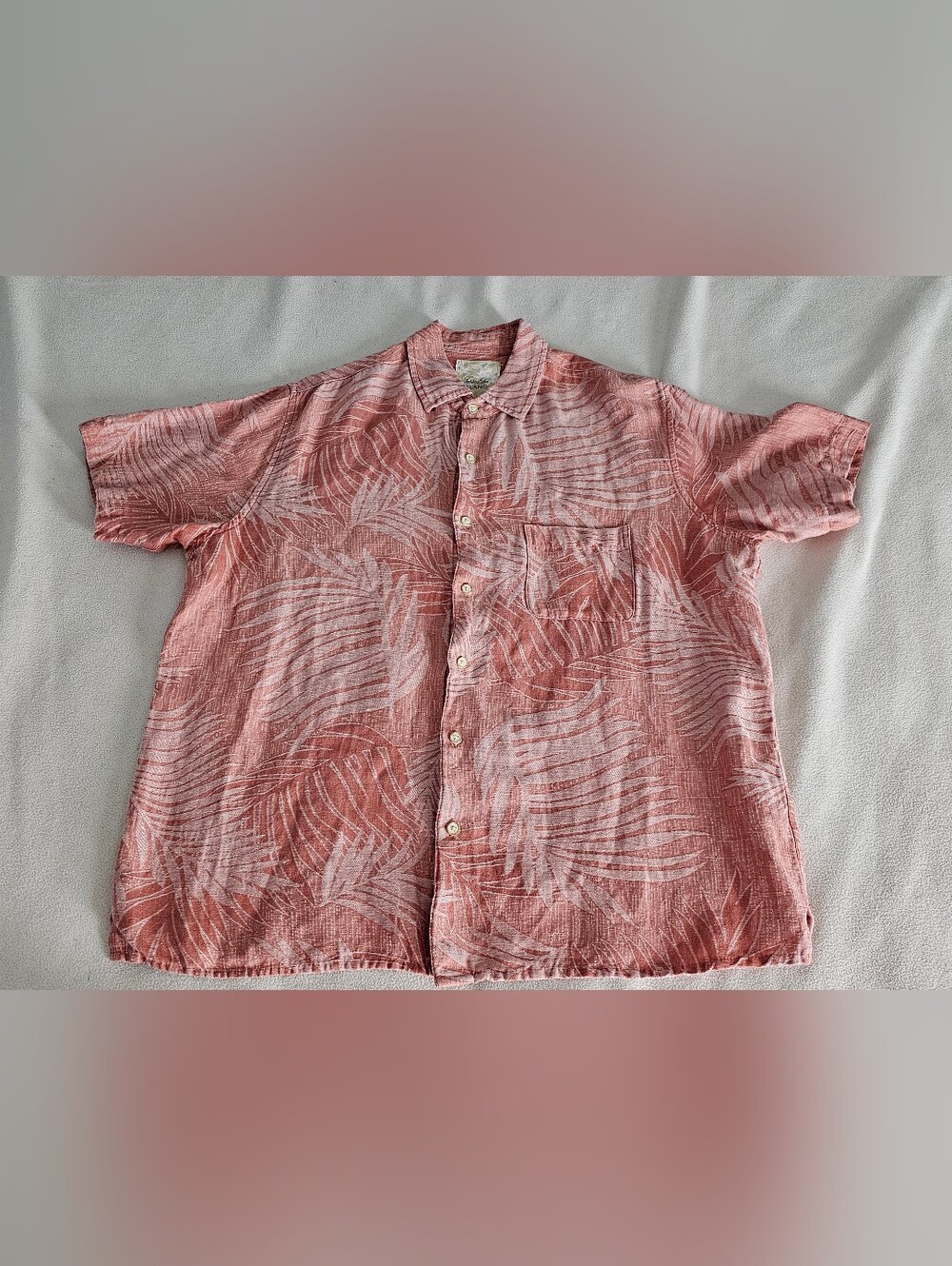 Tasso Elba Island Men's L Silk Linen Palm Leaf Camp Shirt Coral Pink Hawaiian